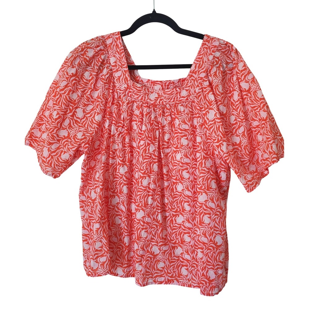 Style & Co Womens XL Floral Cotton Square Neck‎ Puff Sleeve Blouse Top Bohemian
